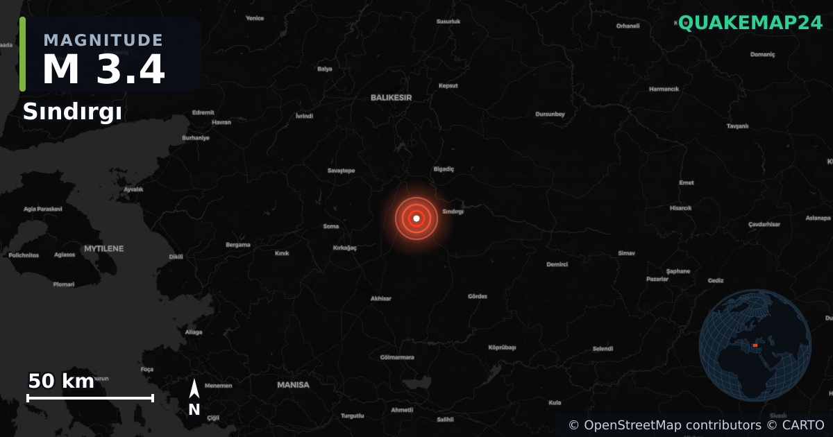 M3.4 earthquake near Sındırgı on Aug 10, 2025 — map of epicenter and shaking intensity | QuakeMap24