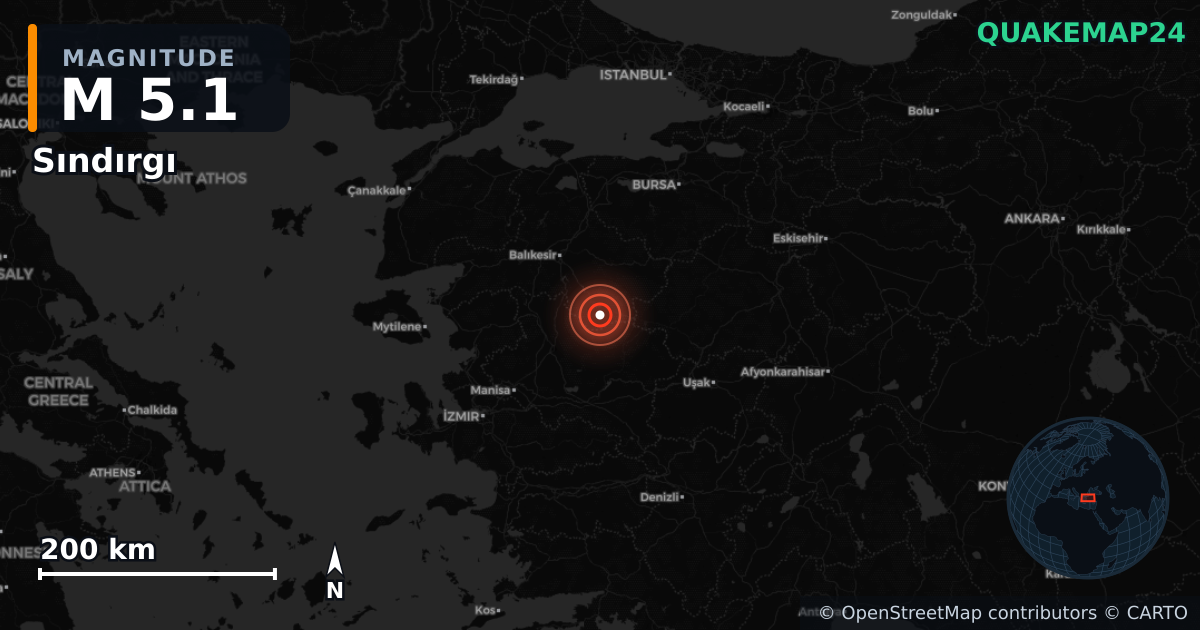 M5.1 earthquake near Sındırgı on Jan 23, 2026 — map of epicenter and shaking intensity | QuakeMap24