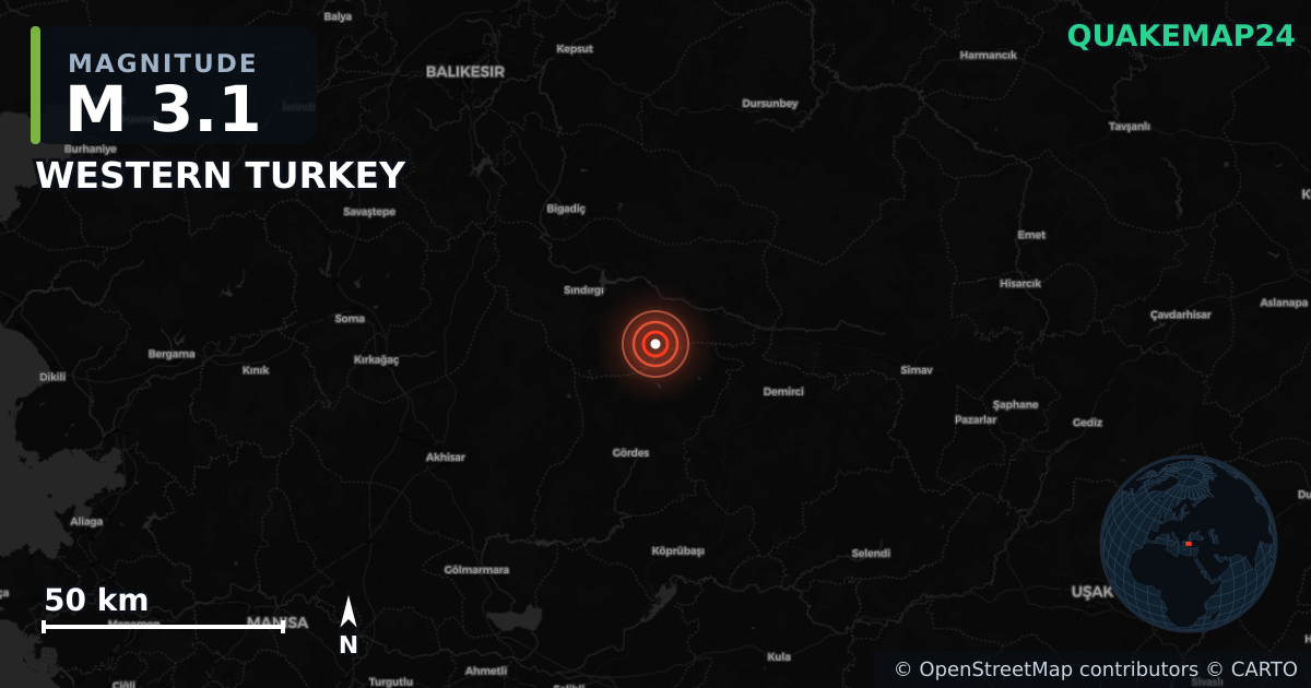 M3.1 earthquake near WESTERN TURKEY on Apr 5, 2026 — map of epicenter and shaking intensity | QuakeMap24