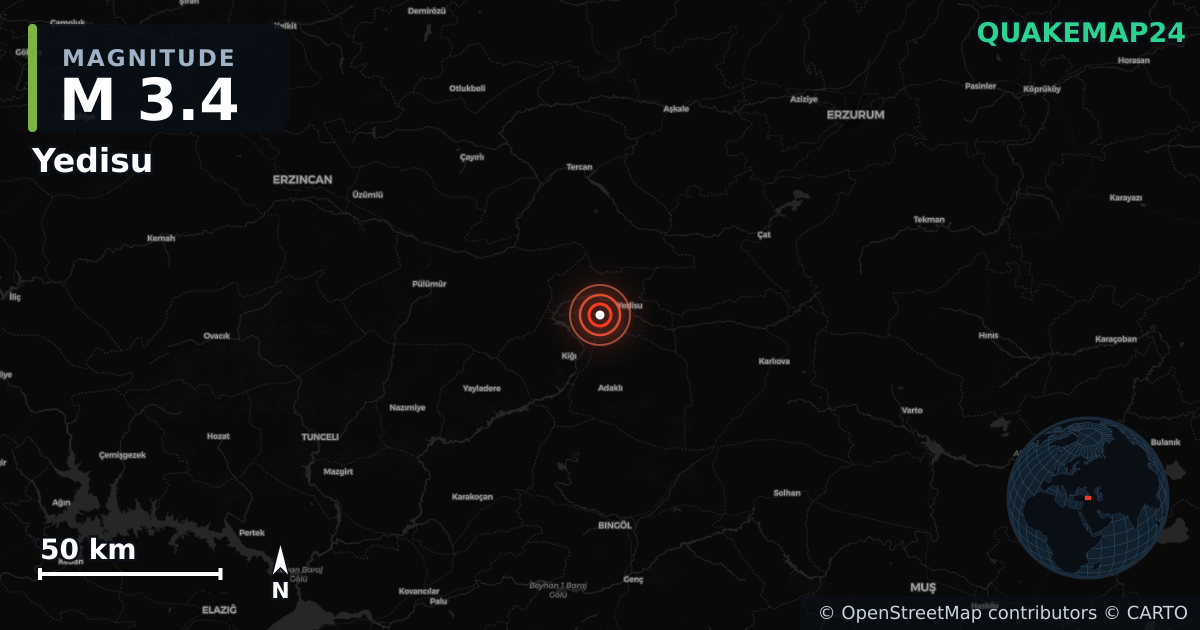 M3.4 earthquake near Yedisu on Aug 16, 2026 — map of epicenter and shaking intensity | QuakeMap24