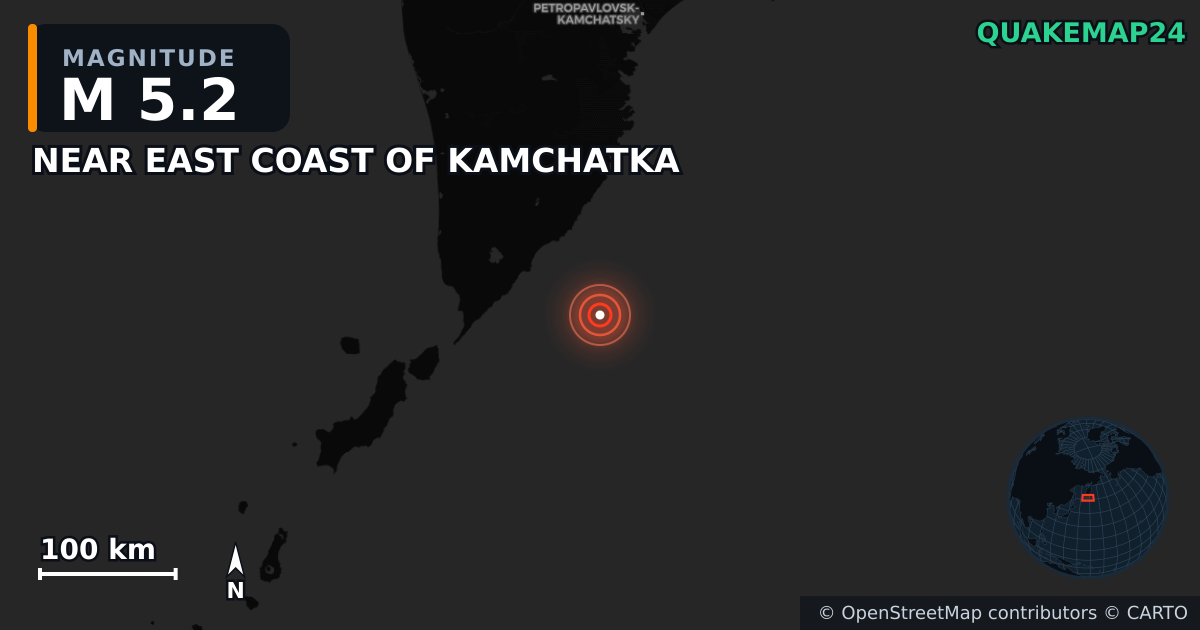M5.2 earthquake near NEAR EAST COAST OF KAMCHATKA on Jul 30, 2025 — map of epicenter and shaking intensity | QuakeMap24