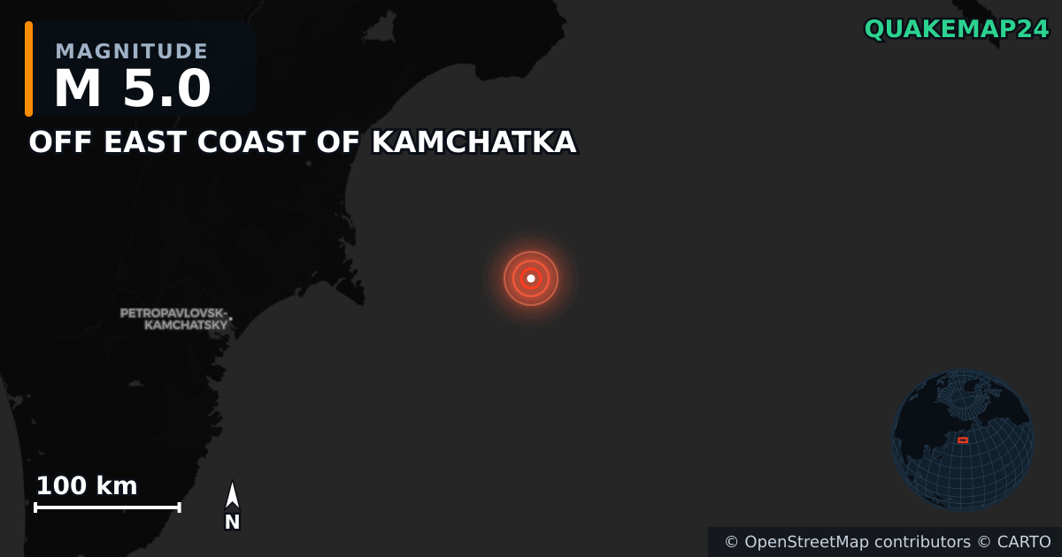 M5.0 earthquake near OFF EAST COAST OF KAMCHATKA on Jan 14, 2026 — map of epicenter and shaking intensity | QuakeMap24