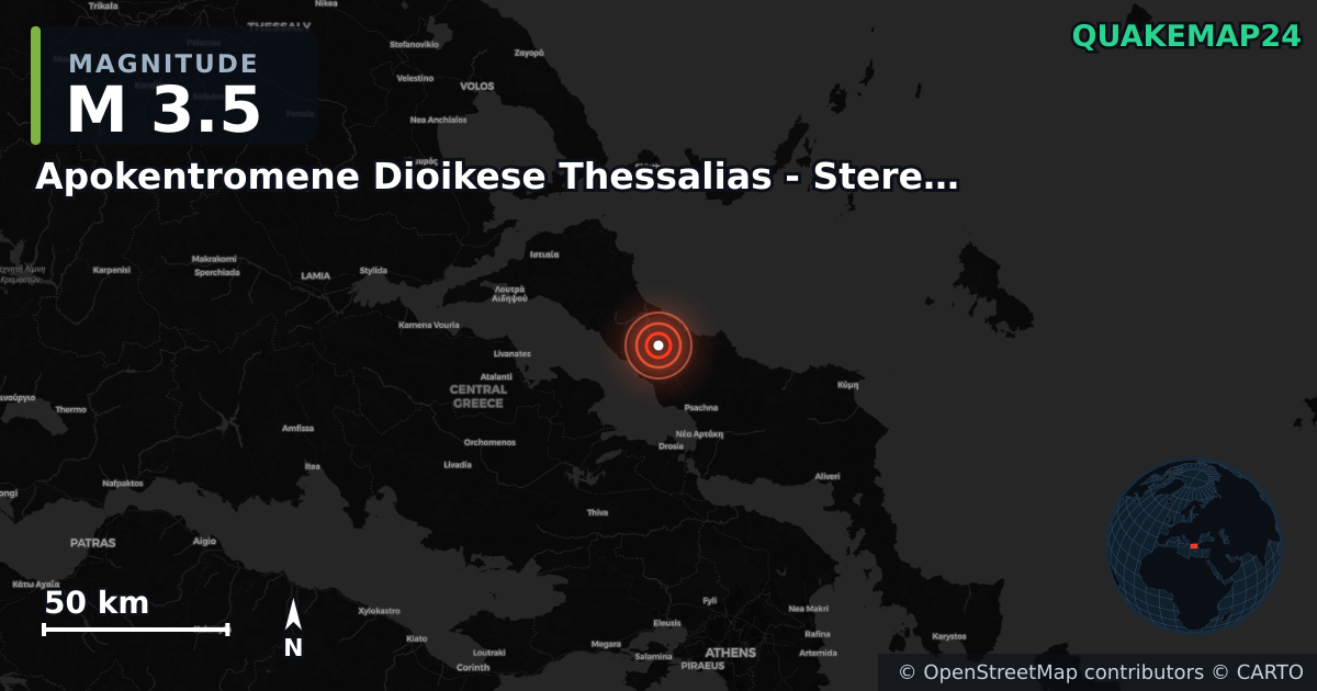M3.5 earthquake near Apokentromene Dioikese Thessalias - Stereas Ellados on May 18, 2025 — map of epicenter and shaking intensity | QuakeMap24