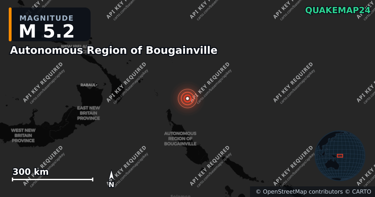 M5.2 earthquake near Autonomous Region of Bougainville on Jun 3, 2025 — map of epicenter and shaking intensity | QuakeMap24
