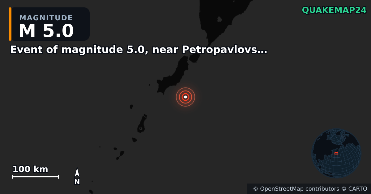 Σεισμός M5,0 κοντά στο Event of magnitude 5.0, near Petropavlovsk Kamchatskiy (Monde) — Χάρτης της θέσης του επικέντρου