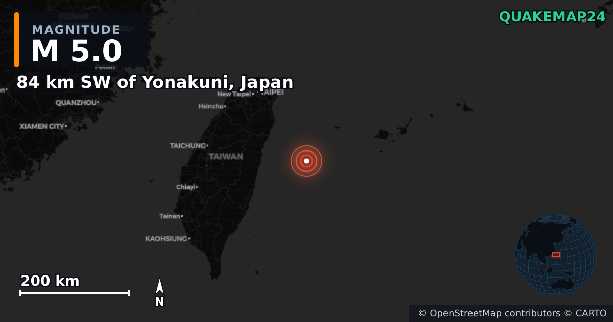 M5.0 earthquake near 84 km SW of Yonakuni, Japan on Jan 17, 2026 — map of epicenter and shaking intensity | QuakeMap24