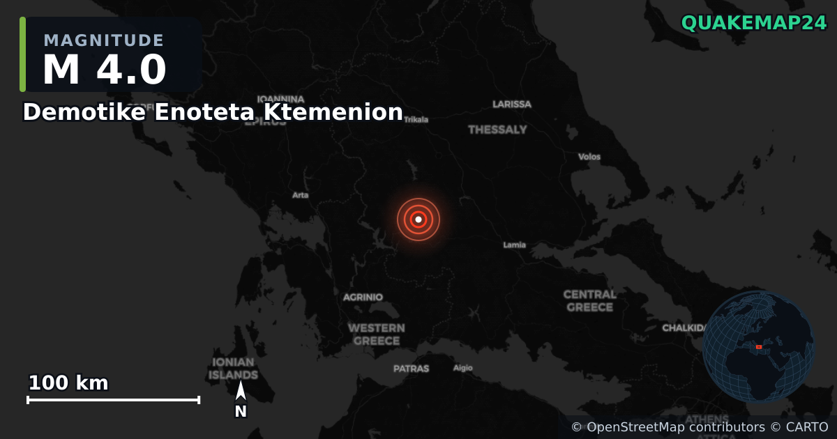 M4.0 earthquake near Demotike Enoteta Ktemenion on Sep 4, 2025 — map of epicenter and shaking intensity | QuakeMap24