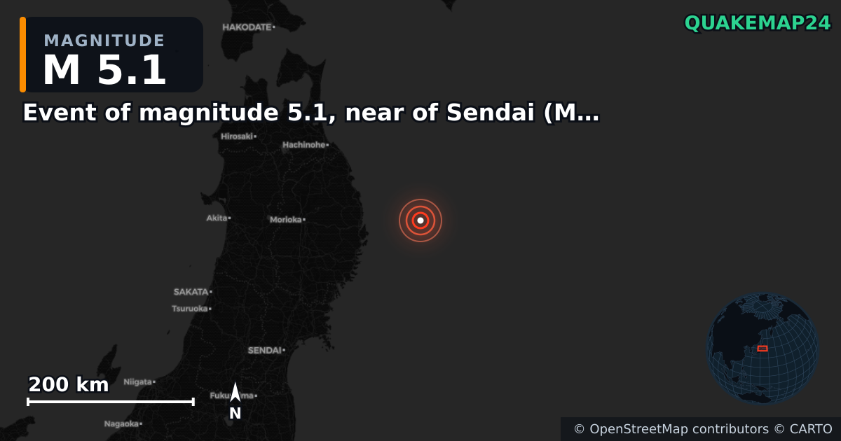 M5.1 earthquake near Event of magnitude 5.1, near of Sendai (Monde) on Nov 9, 2025 — map of epicenter and shaking intensity | QuakeMap24