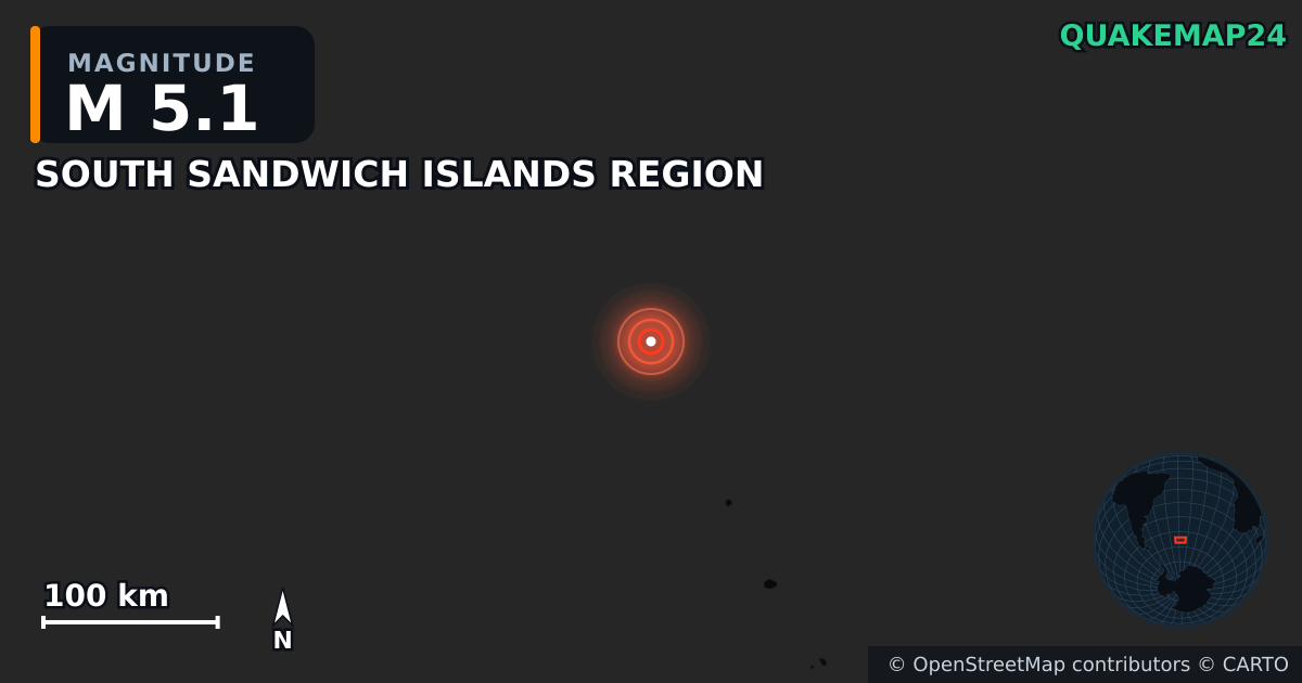 M5.1 earthquake near SOUTH SANDWICH ISLANDS REGION on Jun 10, 2025 — map of epicenter and shaking intensity | QuakeMap24