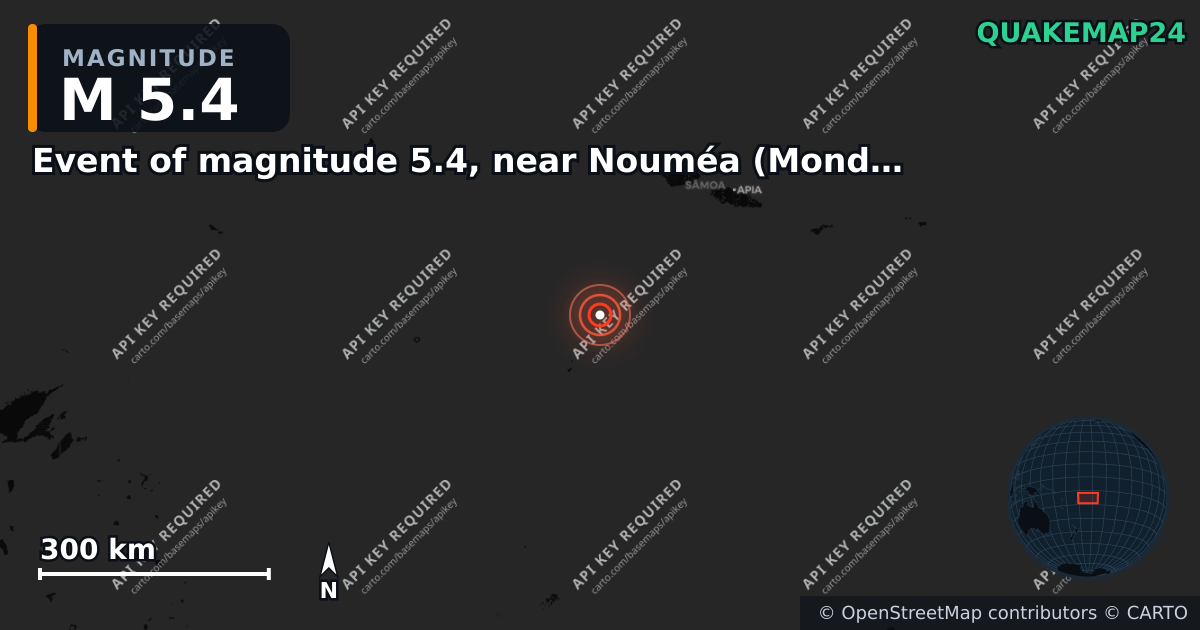 M5.4 earthquake near Event of magnitude 5.4, near Nouméa (Monde) on Apr 19, 2026 — map of epicenter and shaking intensity | QuakeMap24