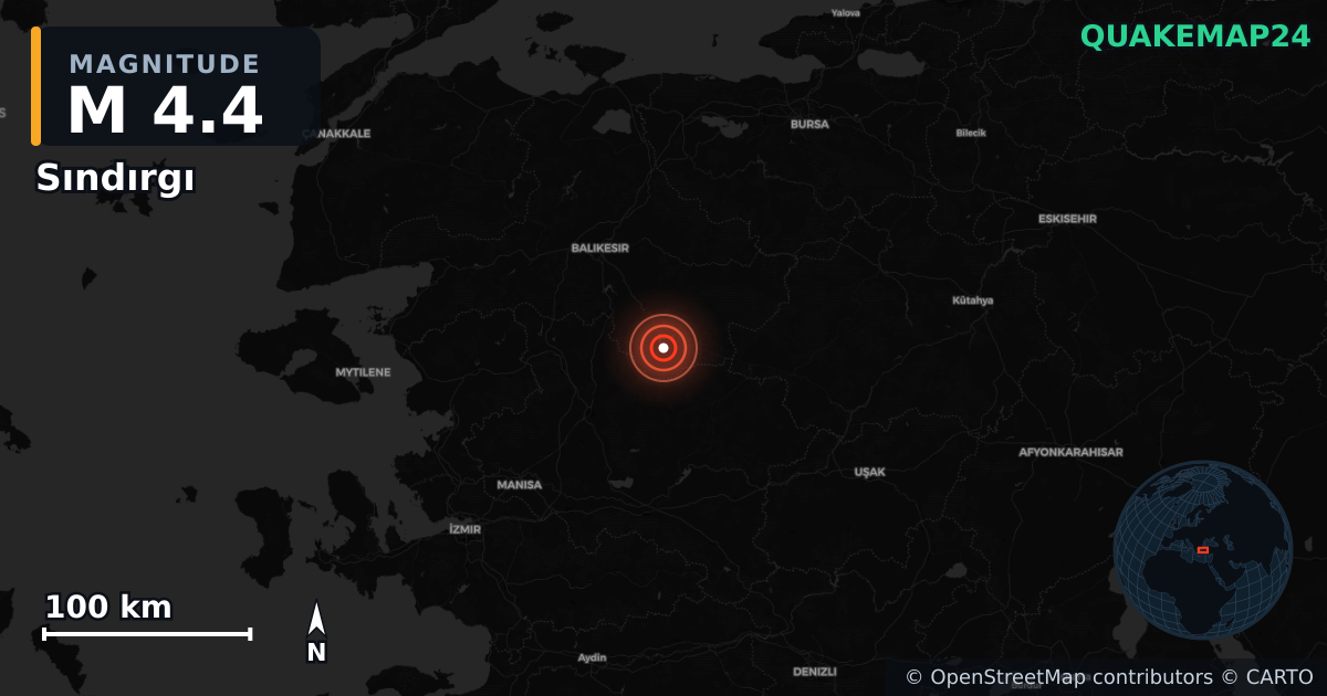 M4.4 earthquake near Sındırgı on Sep 7, 2025 — map of epicenter and shaking intensity | QuakeMap24