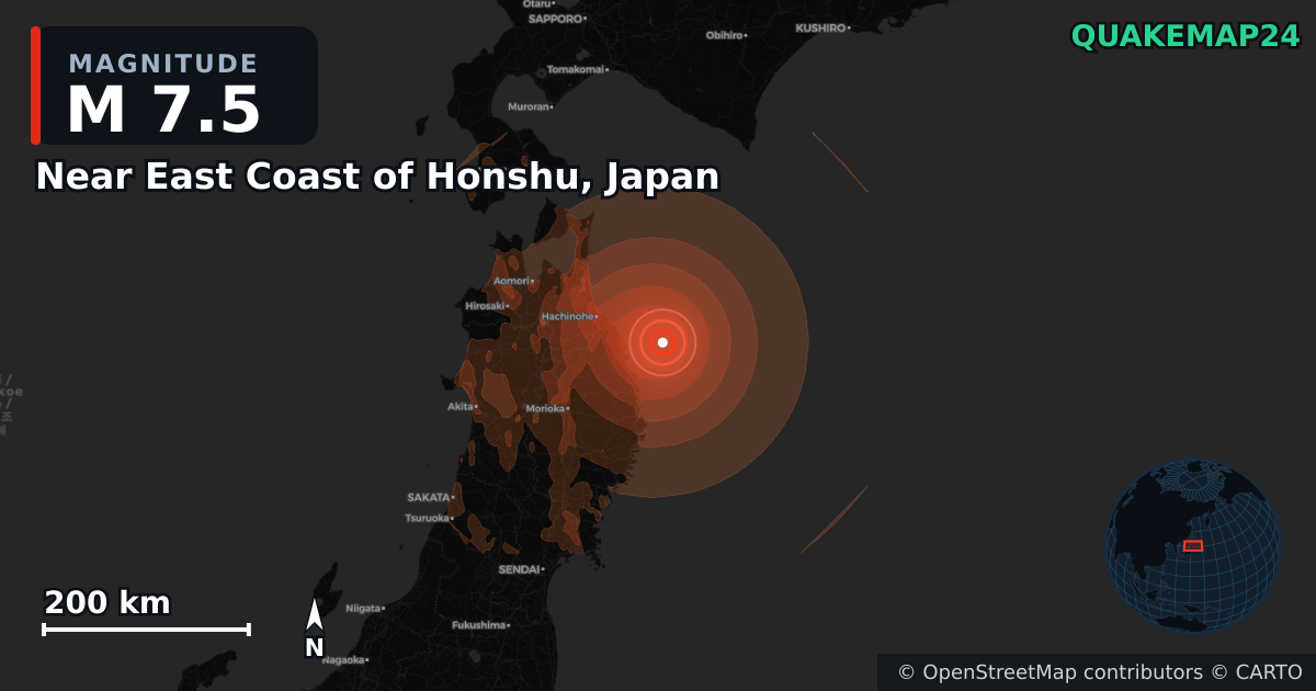 M7.5 earthquake near Near East Coast of Honshu, Japan on Jun 24, 2026 — map of epicenter and shaking intensity | QuakeMap24
