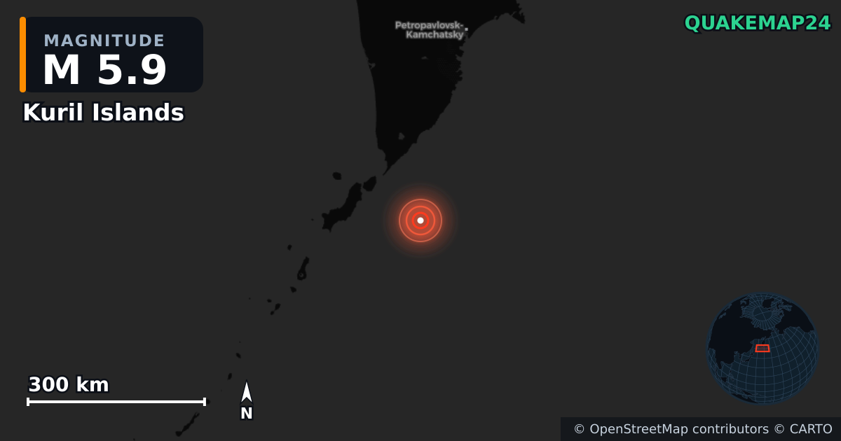 M5.9 earthquake near Kuril Islands on Jul 30, 2025 — map of epicenter and shaking intensity | QuakeMap24