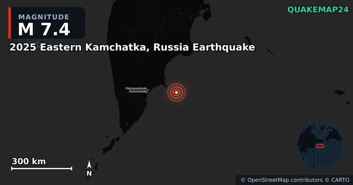 M7.4 earthquake near 2025 Eastern Kamchatka, Russia Earthquake on Jul 20, 2025 — map of epicenter and shaking intensity | QuakeMap24