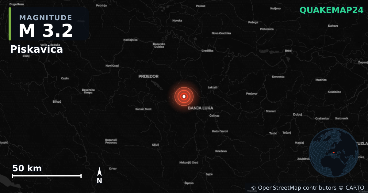 M3.2 earthquake near Piskavica on Jan 8, 2026 — map of epicenter and shaking intensity | QuakeMap24