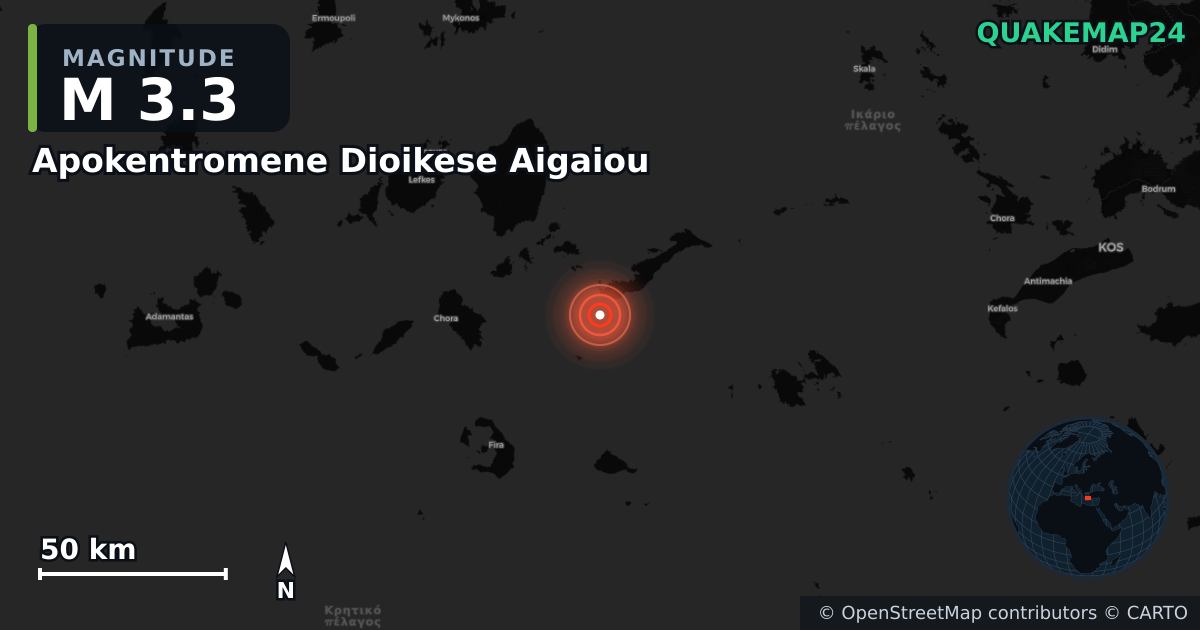 M3.3 earthquake near Apokentromene Dioikese Aigaiou on May 18, 2025 — map of epicenter and shaking intensity | QuakeMap24