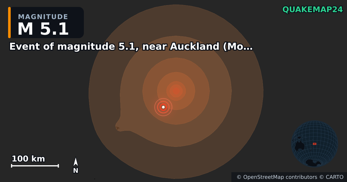 Erdbeben M5,1 bei Event of magnitude 5.1, near Auckland (Monde) — Karte der Lage des Epizentrums