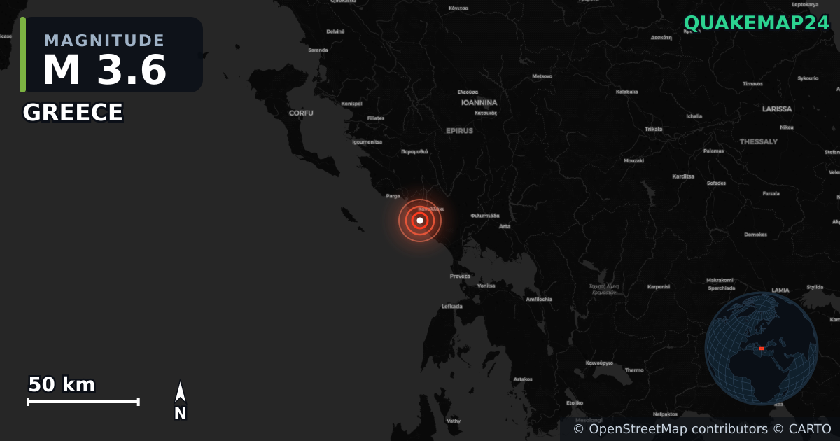 M3.6 earthquake near Loutsa on Aug 5, 2026 — map of epicenter and shaking intensity | QuakeMap24
