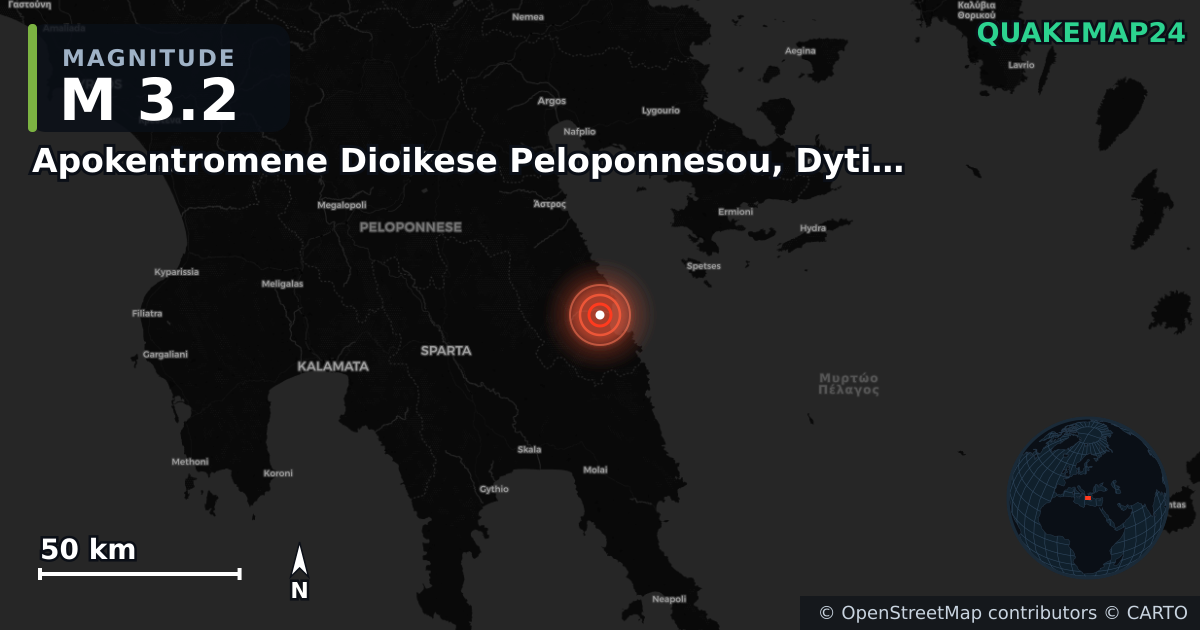 M3.2 earthquake near Apokentromene Dioikese Peloponnesou, Dytikes Elladas kai Ioniou on May 6, 2025 — map of epicenter and shaking intensity | QuakeMap24