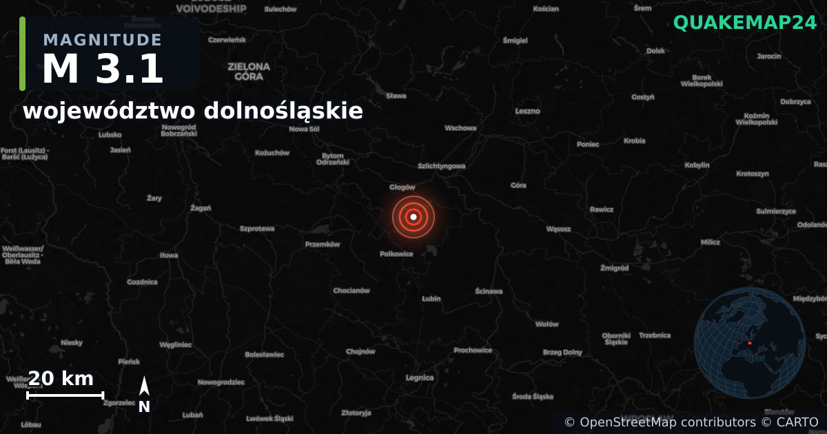 M3.1 earthquake near województwo dolnośląskie on Sep 4, 2025 — map of epicenter and shaking intensity | QuakeMap24