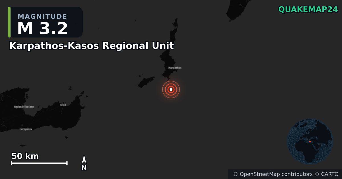 M3.2 earthquake near Karpathos-Kasos Regional Unit on Jul 14, 2026 — map of epicenter and shaking intensity | QuakeMap24