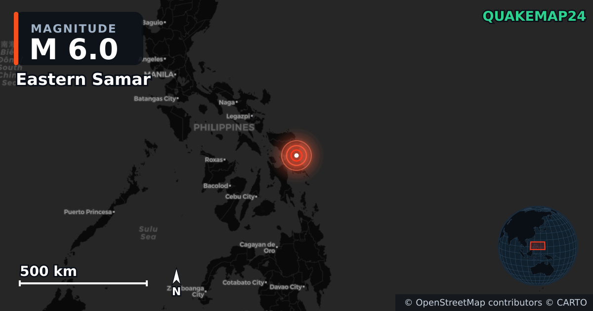 M6.0 earthquake near Eastern Samar on May 4, 2026 — map of epicenter and shaking intensity | QuakeMap24