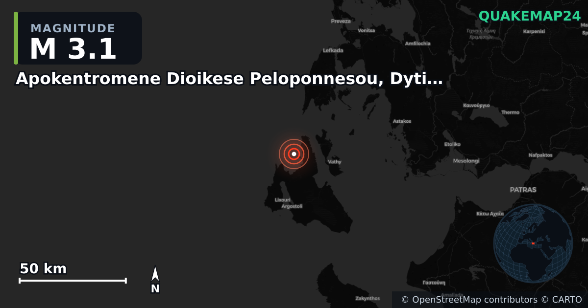 M3.1 earthquake near Apokentromene Dioikese Peloponnesou, Dytikes Elladas kai Ioniou on Sep 17, 2025 — map of epicenter and shaking intensity | QuakeMap24