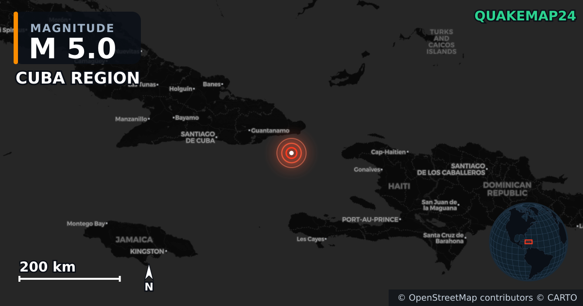 M5.0 earthquake near CUBA REGION on Mar 6, 2026 — map of epicenter and shaking intensity | QuakeMap24
