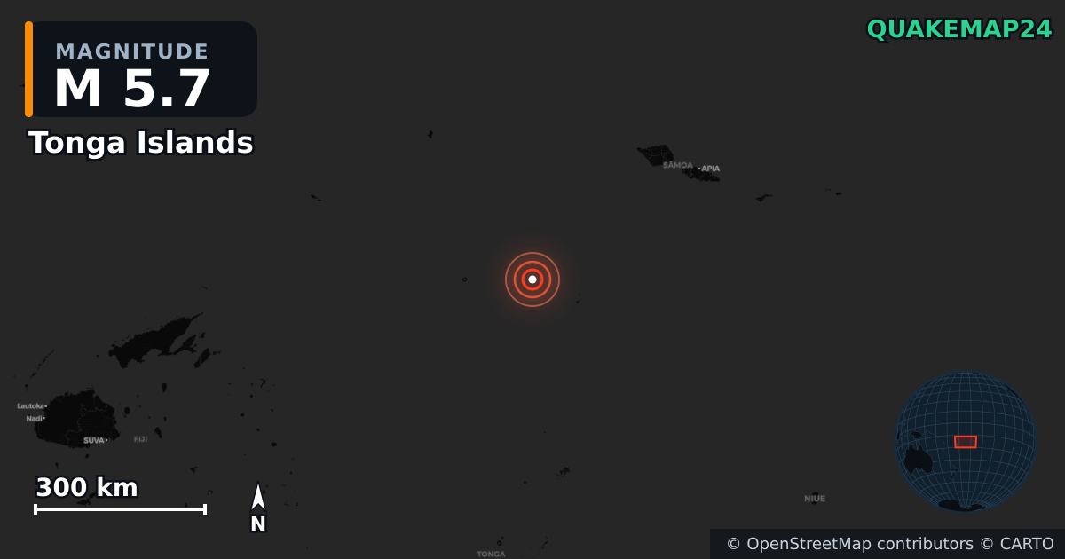 M5.7 earthquake near Tonga Islands on Mar 25, 2026 — map of epicenter and shaking intensity | QuakeMap24