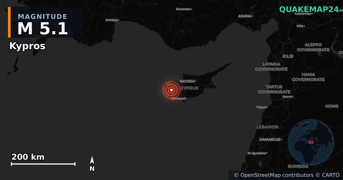M5.1 earthquake near Kypros on Nov 12, 2025 — map of epicenter and shaking intensity | QuakeMap24