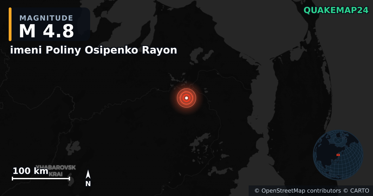 M4.8 earthquake near imeni Poliny Osipenko Rayon on Jul 30, 2026 — map of epicenter and shaking intensity | QuakeMap24