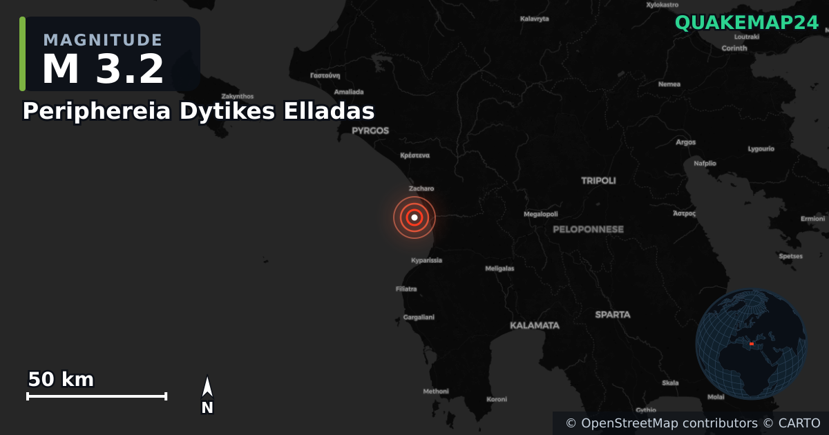 M3.2 earthquake near Periphereia Dytikes Elladas on Dec 12, 2025 — map of epicenter and shaking intensity | QuakeMap24