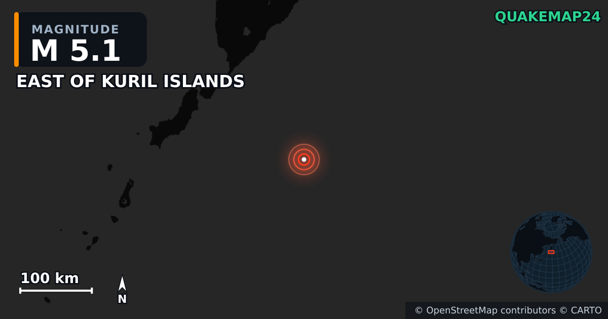 M5.1 earthquake near EAST OF KURIL ISLANDS on Jul 30, 2025 — map of epicenter and shaking intensity | QuakeMap24