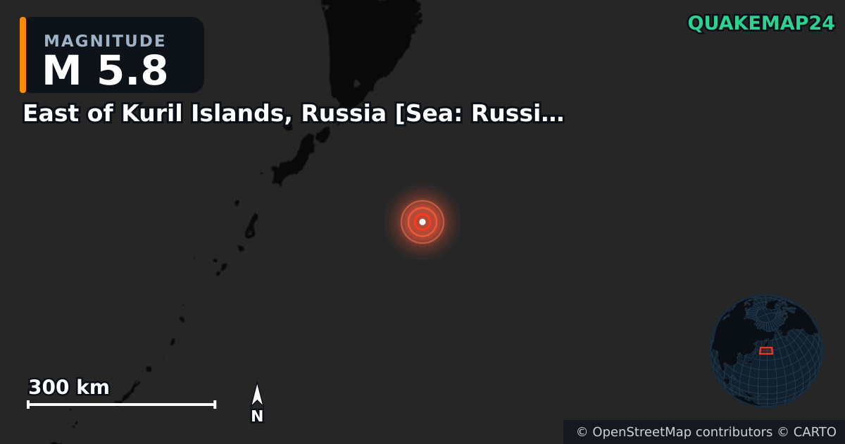 M5.8 earthquake near East of Kuril Islands, Russia [Sea: Russia] on Nov 21, 2025 — map of epicenter and shaking intensity | QuakeMap24