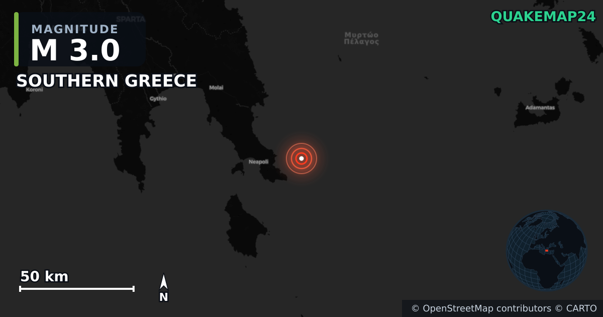 M3.0 earthquake near SOUTHERN GREECE on Aug 11, 2025 — map of epicenter and shaking intensity | QuakeMap24