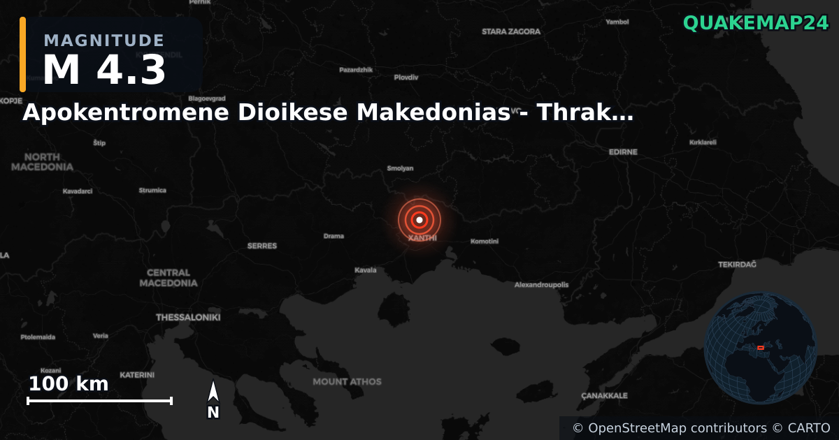 M4.3 earthquake near Apokentromene Dioikese Makedonias - Thrakes on Nov 5, 2025 — map of epicenter and shaking intensity | QuakeMap24