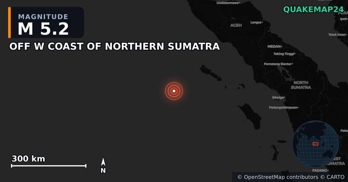 Erdbeben M5,2 bei OFF W COAST OF NORTHERN SUMATRA — Karte der Lage des Epizentrums