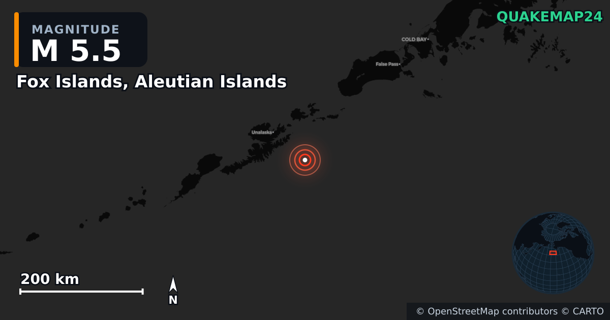 M5.5 earthquake near Fox Islands, Aleutian Islands on Oct 17, 2025 — map of epicenter and shaking intensity | QuakeMap24