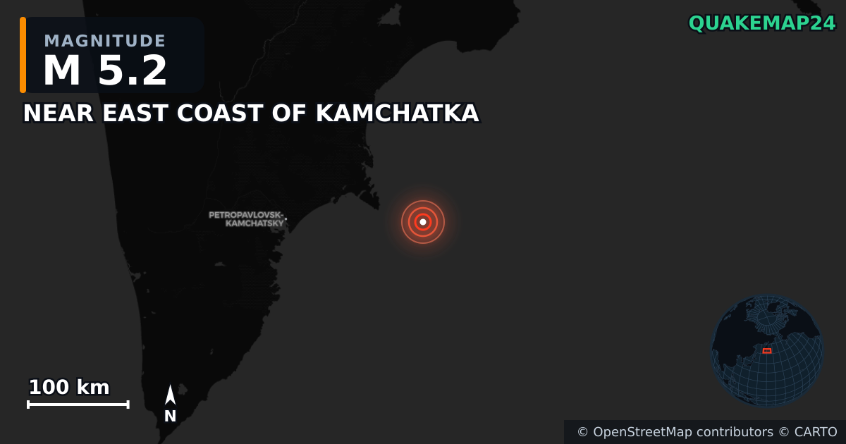 M5.2 earthquake near NEAR EAST COAST OF KAMCHATKA on Jul 20, 2025 — map of epicenter and shaking intensity | QuakeMap24