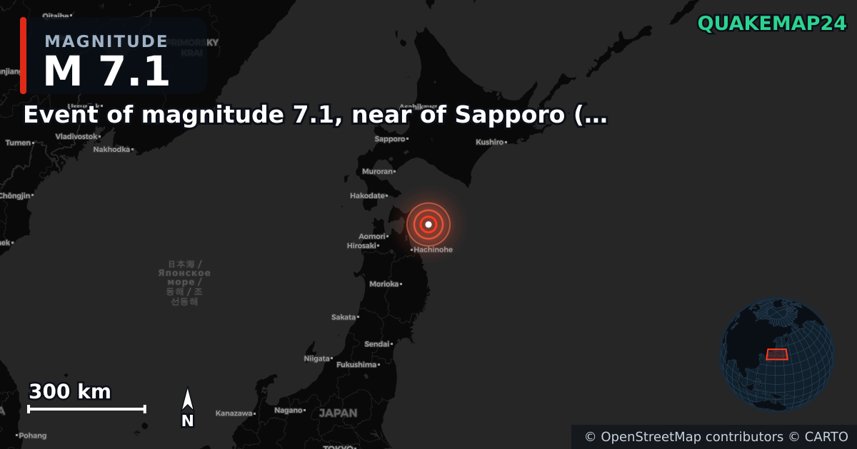 M7.1 earthquake near Event of magnitude 7.1, near of Sapporo (Monde) on Dec 8, 2025 — map of epicenter and shaking intensity | QuakeMap24