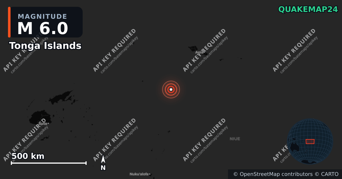 M6.0 earthquake near Tonga Islands on Mar 8, 2026 — map of epicenter and shaking intensity | QuakeMap24