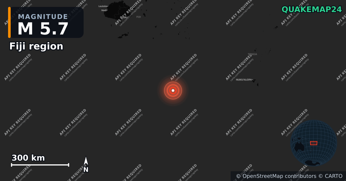 M5.7 earthquake near Fiji region on Apr 1, 2026 — map of epicenter and shaking intensity | QuakeMap24