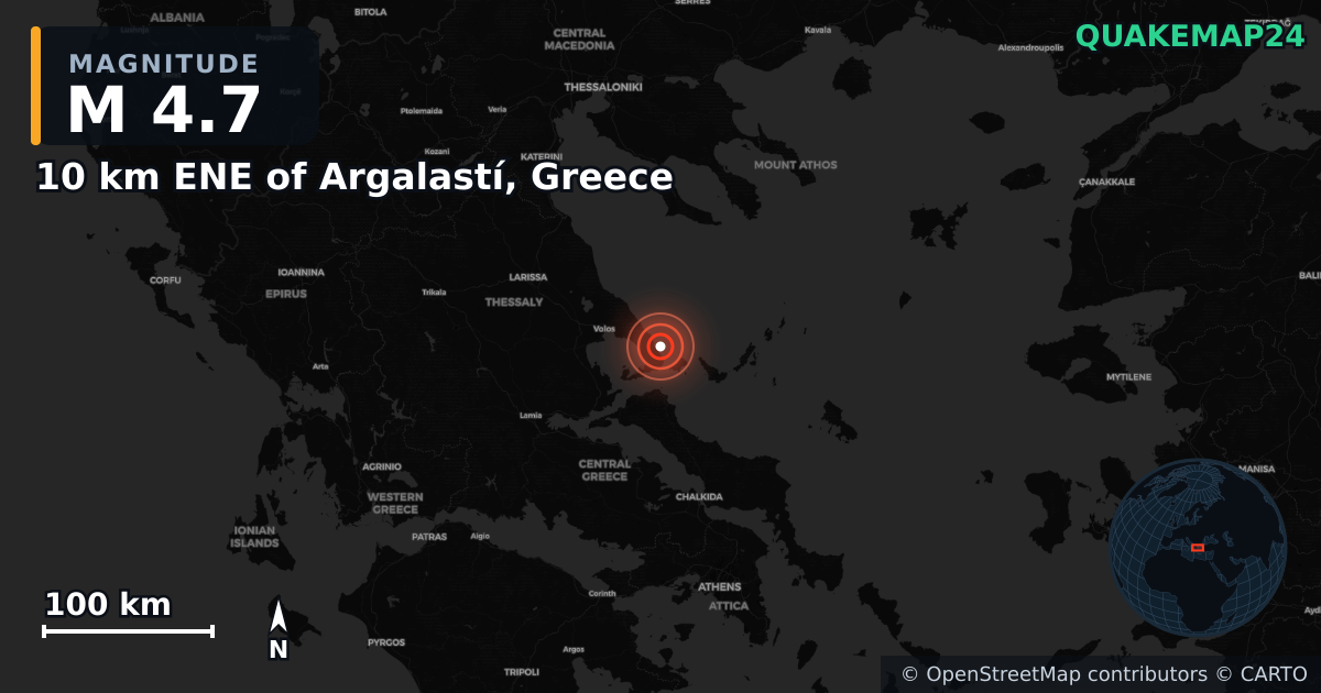 Erdbeben M4,7 bei 10 km ENE of Argalastí, Greece · 2026-04-28 — Karte der Lage des Epizentrums