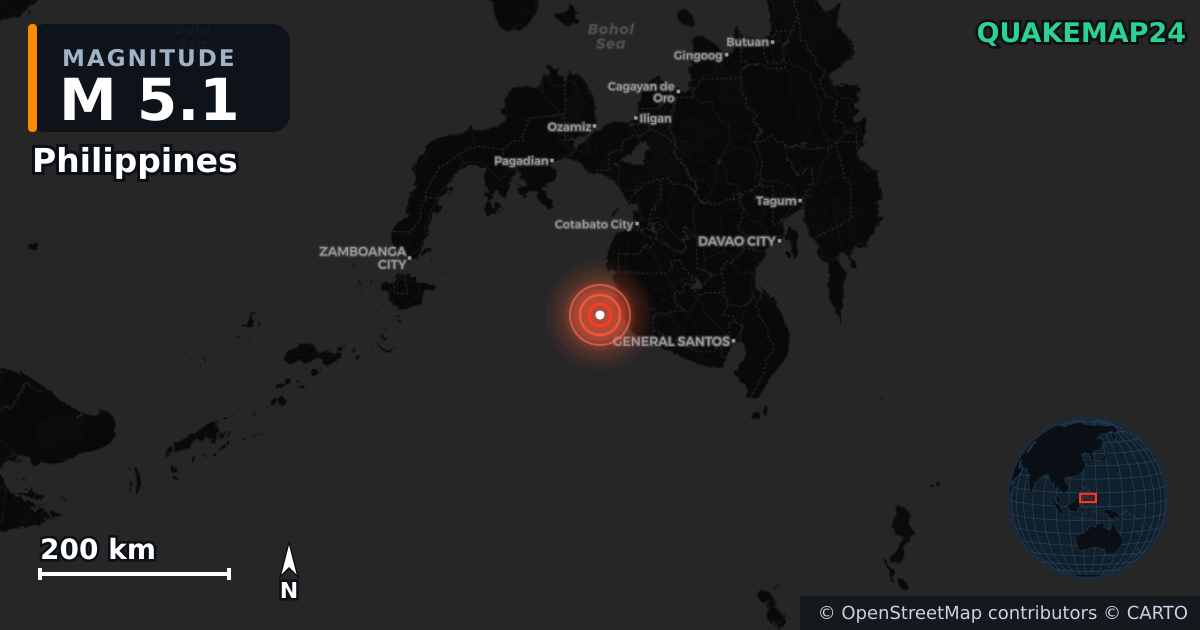 M5.1 earthquake near Philippines on Jan 21, 2026 — map of epicenter and shaking intensity | QuakeMap24