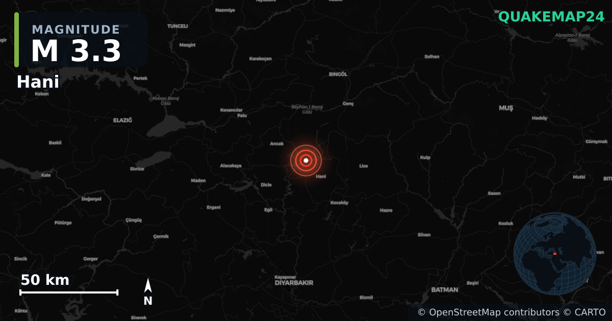 M3.3 earthquake near Hani on Sep 7, 2025 — map of epicenter and shaking intensity | QuakeMap24