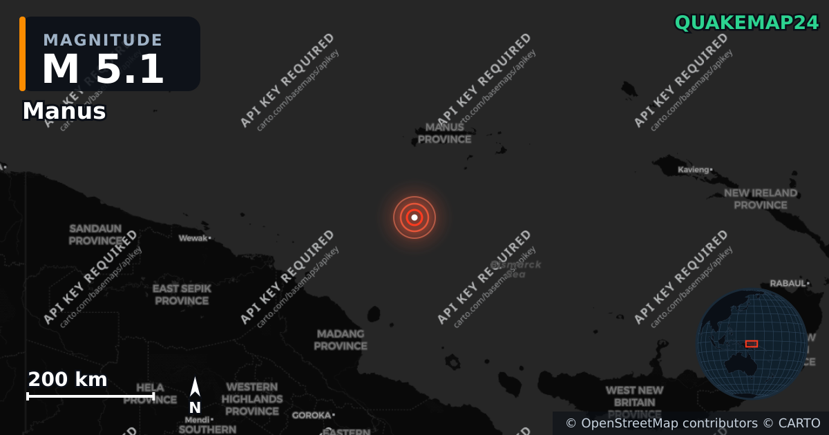 M5.1 earthquake near Manus on Jun 29, 2025 — map of epicenter and shaking intensity | QuakeMap24
