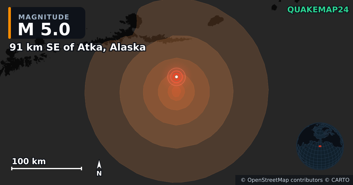 Erdbeben M5,0 bei 91 km SE of Atka, Alaska — Karte der Lage des Epizentrums