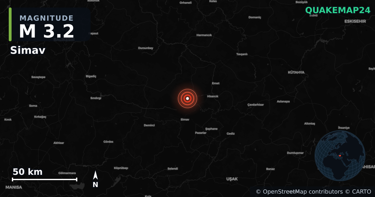 M3.2 earthquake near Simav on Jun 8, 2025 — map of epicenter and shaking intensity | QuakeMap24