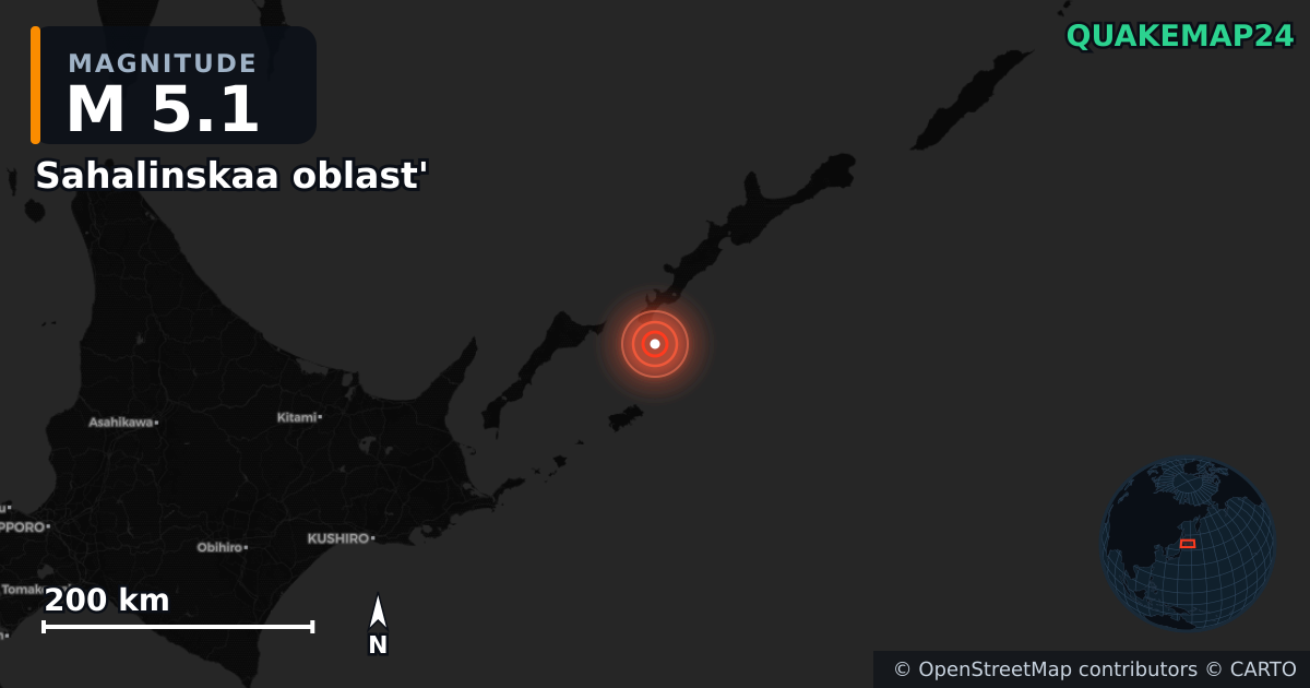 M5.1 earthquake near Sahalinskaa oblast' on Dec 21, 2025 — map of epicenter and shaking intensity | QuakeMap24
