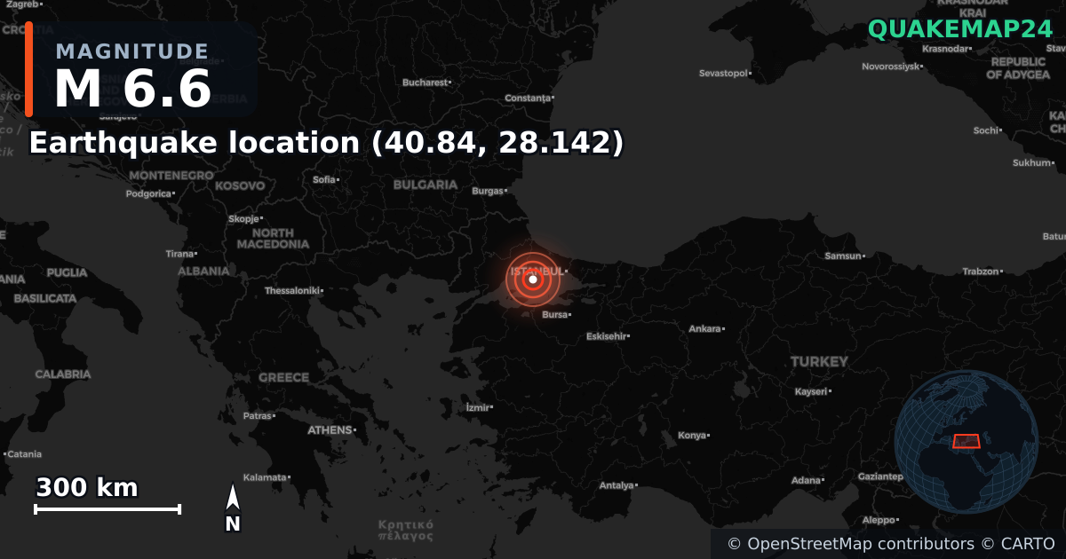 M6.6 earthquake near Ubicación del terremoto (40.84, 28.142) on Apr 23, 2025 — map of epicenter and shaking intensity | QuakeMap24